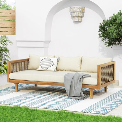 Christopher Knight Home Outdoor 3 Seater Acacia Wood Daybed with Fabric Water Resistant and Removable Cushions, Patio Garden Poolside Sofa with Wicker Armrest and Slat Paneling Back, Teak and Beige
