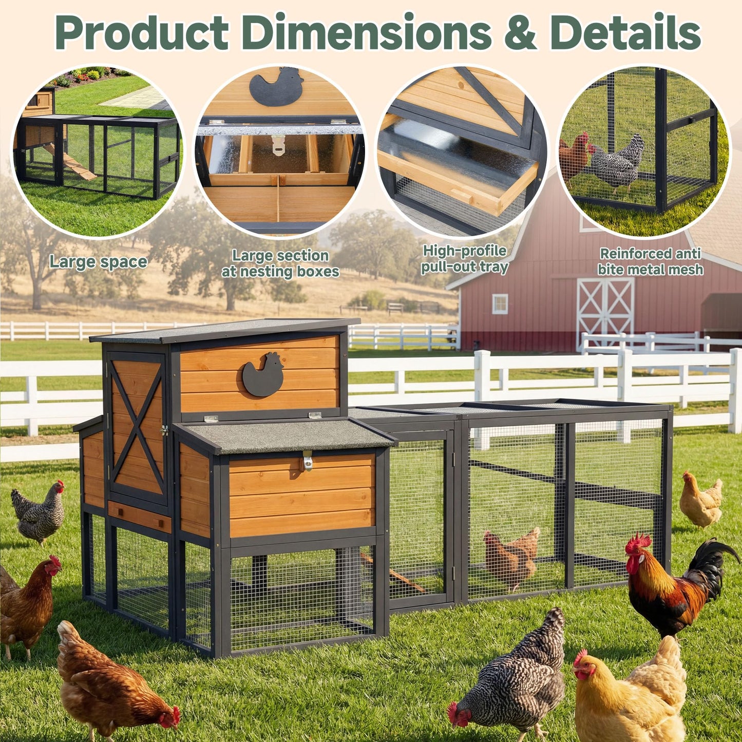 RUNSHED 83" Large Wooden Chicken Coop with Run, Outdoor Chicken House for 4-6 Chickens, Ventilation Window & Sliding Doors, Waterproof Felt Roof, Easy-Clean Full Rear Door, Predator-Proof Latches