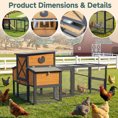 RUNSHED 83" Large Wooden Chicken Coop with Run, Outdoor Chicken House for 4-6 Chickens, Ventilation Window & Sliding Doors, Waterproof Felt Roof, Easy-Clean Full Rear Door, Predator-Proof Latches
