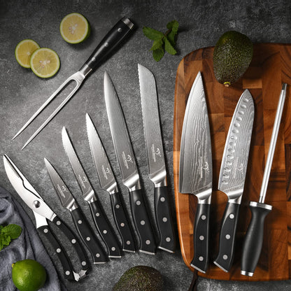 NANFANG BROTHERS 18-Piece Damascus Kitchen Knife Sets, 67-layer Japanese Damascus Steel Heat-Treated and Forged, ABS Ergonomic Handle, Ultra Sharp Chef Knife Block Set with Sharpener