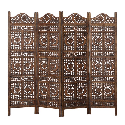 Hand Carved Sun and Moon Design Foldable 4 Panel Wooden Room Divider, Decorative Privacy Screen, Rustic Home Partition Decor