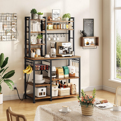 SNTD Baker Rack with Power Outlet - Microwave Stand with Storage, Large Coffee Bar Station with 14 Hooks, Metal Kitchen Shelf Rack for Spices, Pots (Rustic Brown)