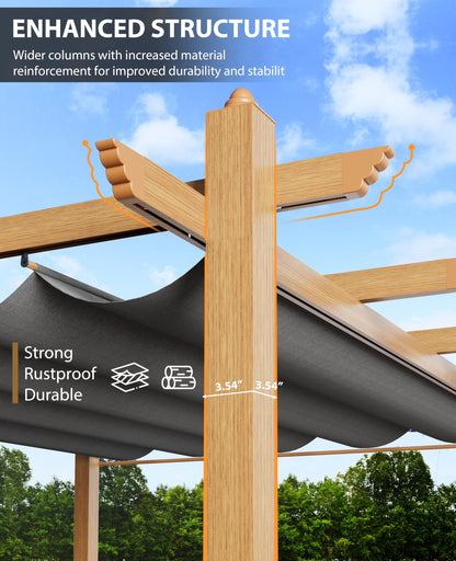 Garvee 10x13 ft Outdoor Pergola with Retractable Canopy – Upgraded Aluminum Faux Wood Grain Metal Patio Pergola for Modern Backyard Deck, Porch, Grape Trellis in Grey
