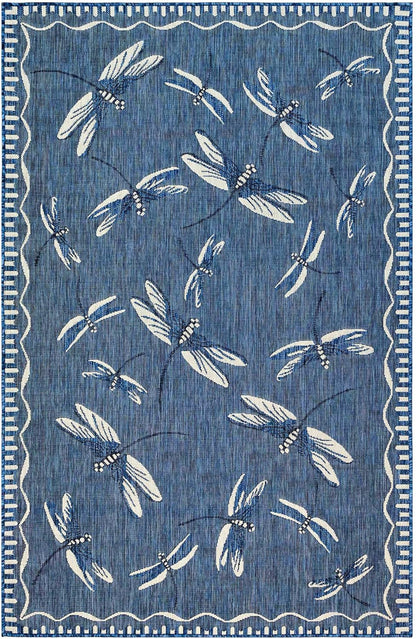 Liora Manne Carmel Low Profile Indoor/Outdoor Woven Rug, Decorative Botanical Dragonfly in Navy, 3'3" x 4'11"