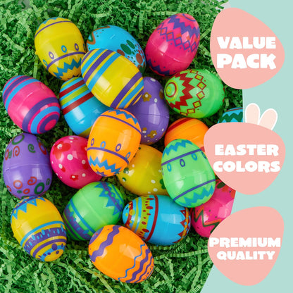 24PCS 2.3" JOYIN Printed Empty Colorful Plastic Eggs Fillable, Bright Plastic Eggs Bulks for Festival Hunt, Filling