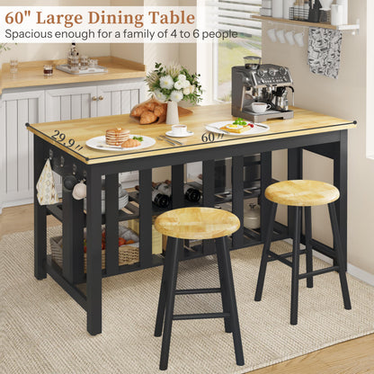 DynJest 60" Solid Rubberwood Kitchen Island with Power Outlets - Extra Large Work Surface, 3 Drawers & 2 Open Shelves Storage Cabinet for Kitchen Dining Room, Farmhouse Style (Black)