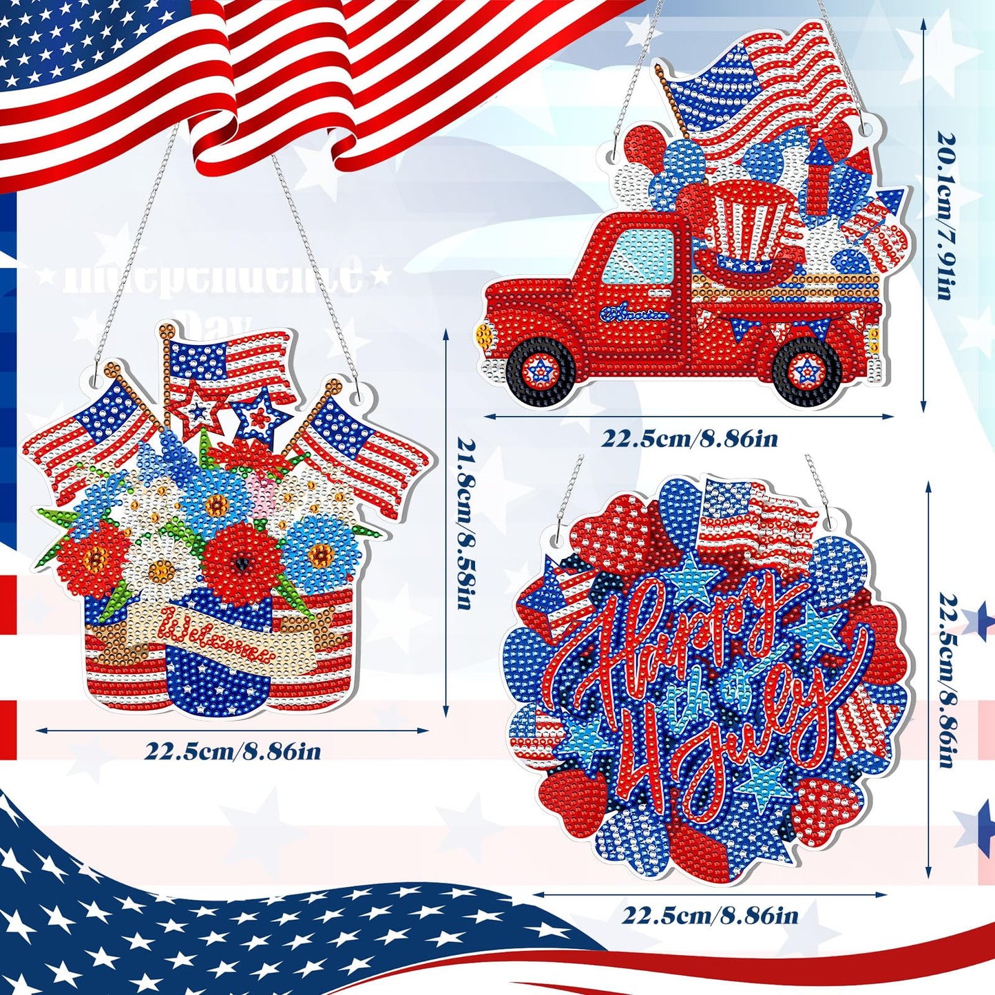 Yousoontic 3 Pcs 4th of July Diamond Art Kit 5d Patriotic Hanging Sign Memorial Day Diamond Painting Acrylic American Flag Ornament Independence 250th Anniversary Welcome Sign for Home Wall Door