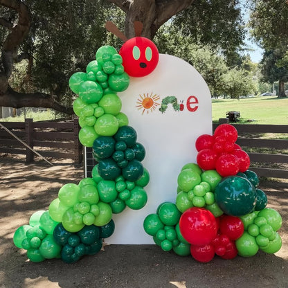 Hungry One Caterpillar Balloon Garland Kit, 164pcs Green Caterpillar Shaped Balloons with Fruit Foil Balloons for First Birthday Decorations Picture Book Story Theme Party Summer Baby Shower Supplies