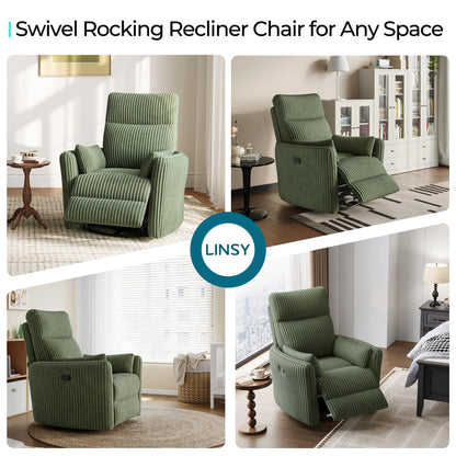 LINSY 360 Swivel Recliner Chair, Nursery Glider Rocking Chair with 2 Pillows, Corduroy Nursing Chair Comfy High Back Adult Rocker Recliner for Small Spaces, Nursery Bedroom Living Room (Green)