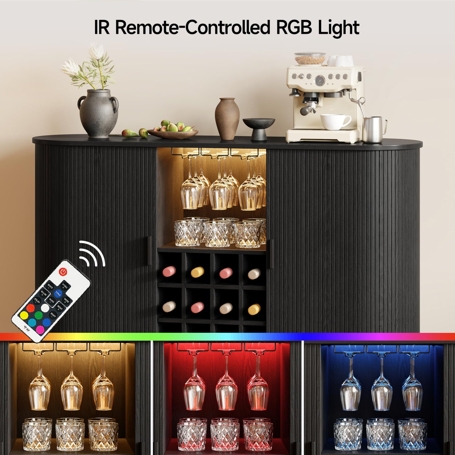 55" Wine Cabinet, Fluted Coffee Bar Cabinet with LED Light, Modern Liquor Coffee Station with Power Outlet, Wine Rack & Glass Holder, Sliding Door Buffet Sideboard Table for Home, Living Room, Black