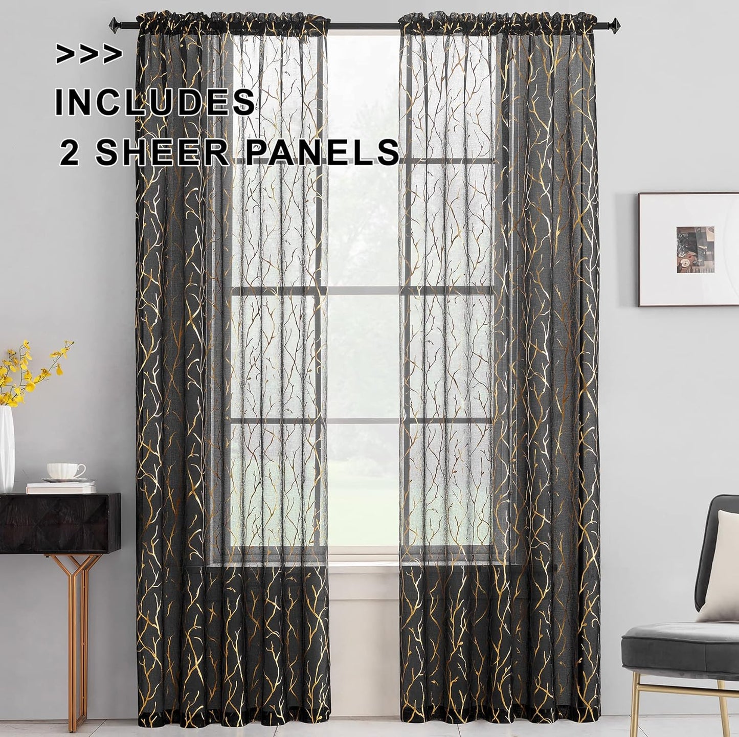 FINECITY Black Gold Sheer Curtains, Metallic Gold Foil Tree Branch, 63 Inch Length, Set of 2