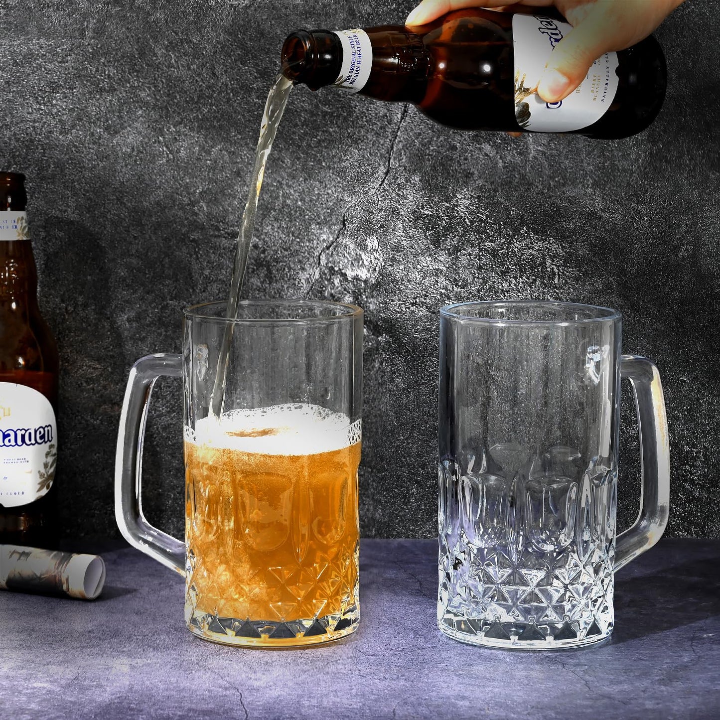 TUSAPAM Heavy Beer Mugs Set, 20oz Glass Mugs With Handle, Beer Glasses For Freezer, 610ml Beer Drinking Glasses, Traditional Stein For Bar, Beverages, Coffee, Teas, Set of 6
