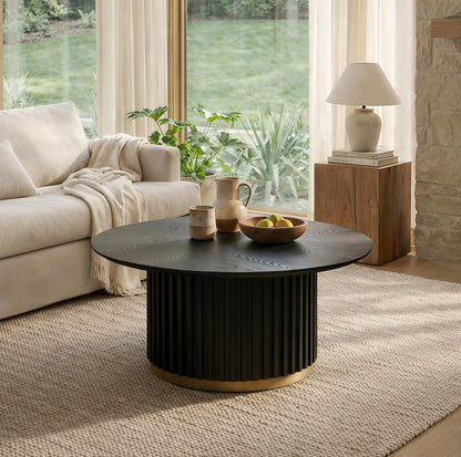 Christopher Knight Home Modern Round Coffee Table 33.46" Fluted Pedestal Base Sculptural Accent Table with Ash Veneer Top and Gold Metal Detail for Living Room Lounge and Minimalist Interiors, Black