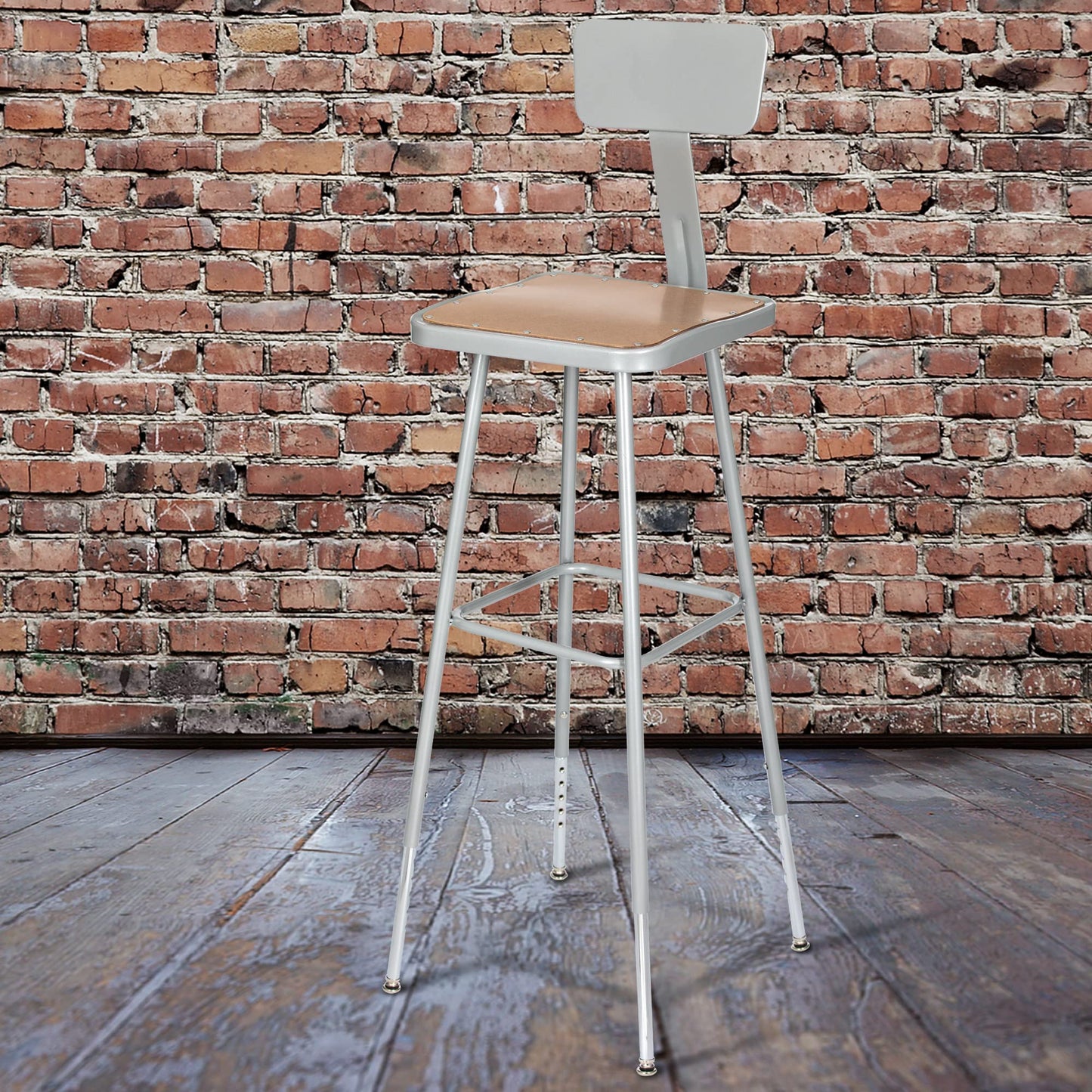 OEF Furnishings OEF6330HB/2 Premium Commercial-Grade All-Purpose Square Stool with Backrest (Height-Adjustable, 30–38 inch Range, Gray Frame, Masonite Wood Seat, 2-Pack)