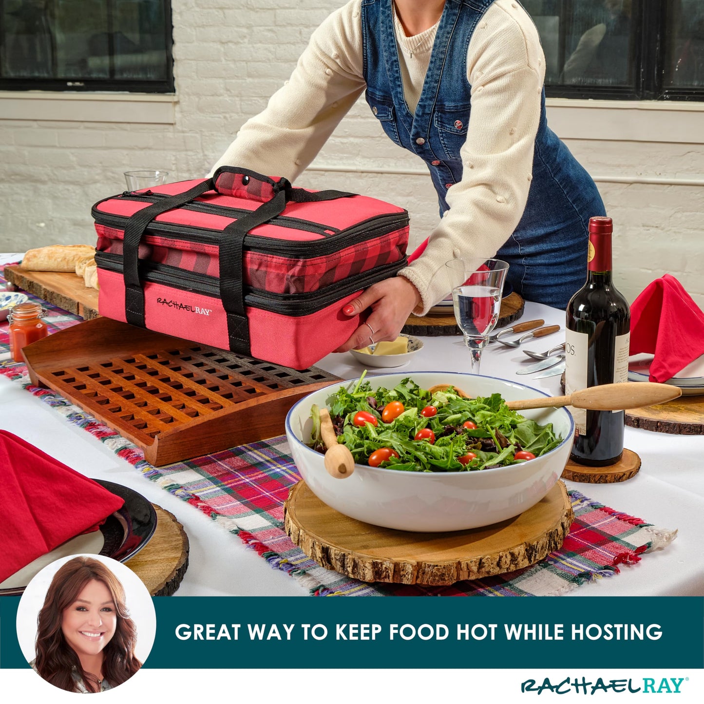 Rachael Ray Expandable Insulated Casserole Carrier for Hot or Cold Food, Thermal Lasagna Lugger Tote for Potluck, Parties, Picnic, and Cookouts, Fits 9" x 13" Baking Dish, Red Buffalo Check