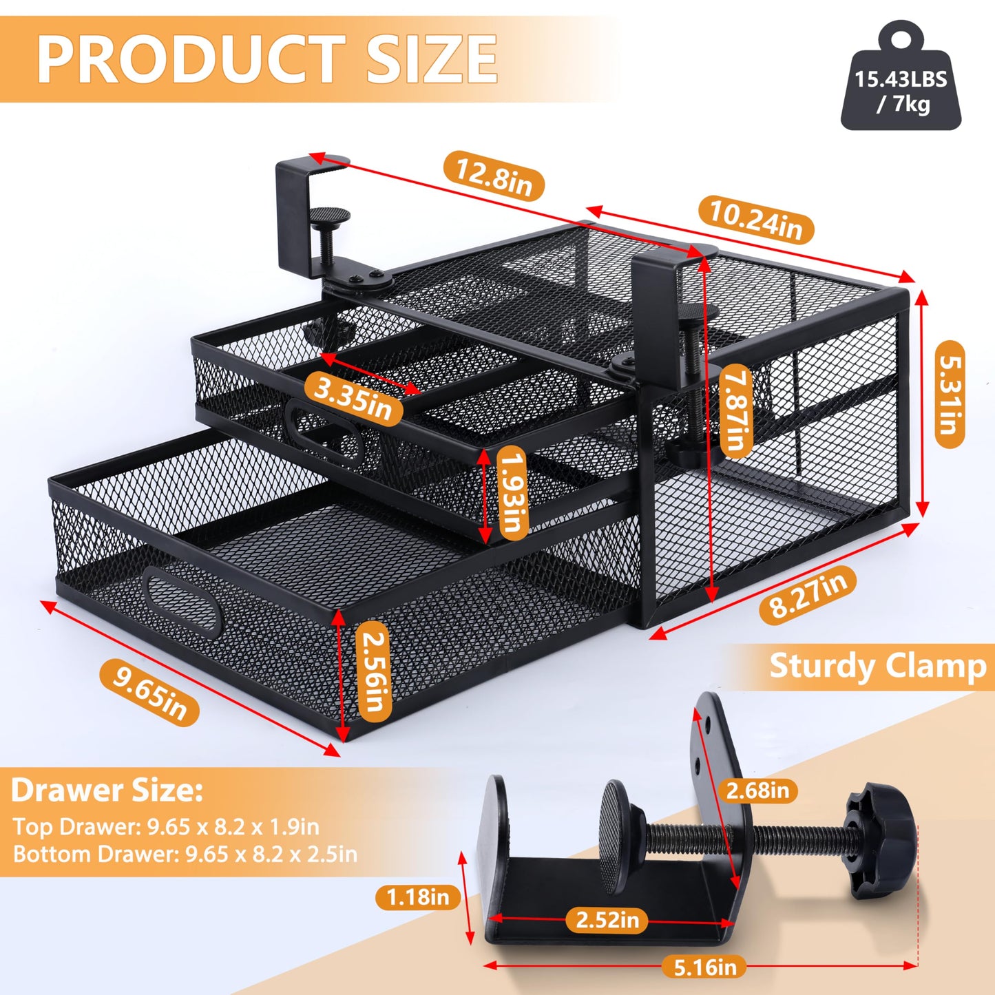 ROLIZOE Sliding Under Desk Drawer Organizer No Drilling 2 Drawers Slide Out Desktop Or Under Table Storage Metal Clamp On Desk Drawer Attachment Anti-Slip Under Desk Organizer for Home & Office