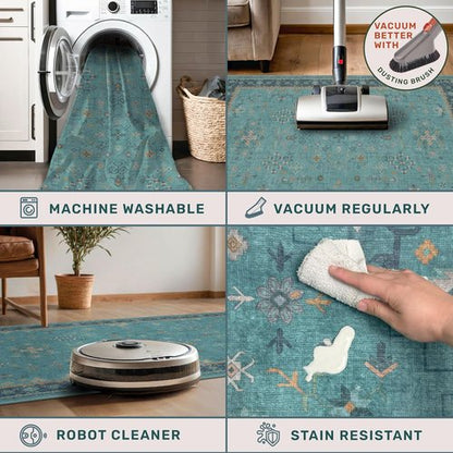 Hazo Haus Teal Non-Slip Kitchen Rug | Washable 3x6 Vintage Floral Indoor Runner
