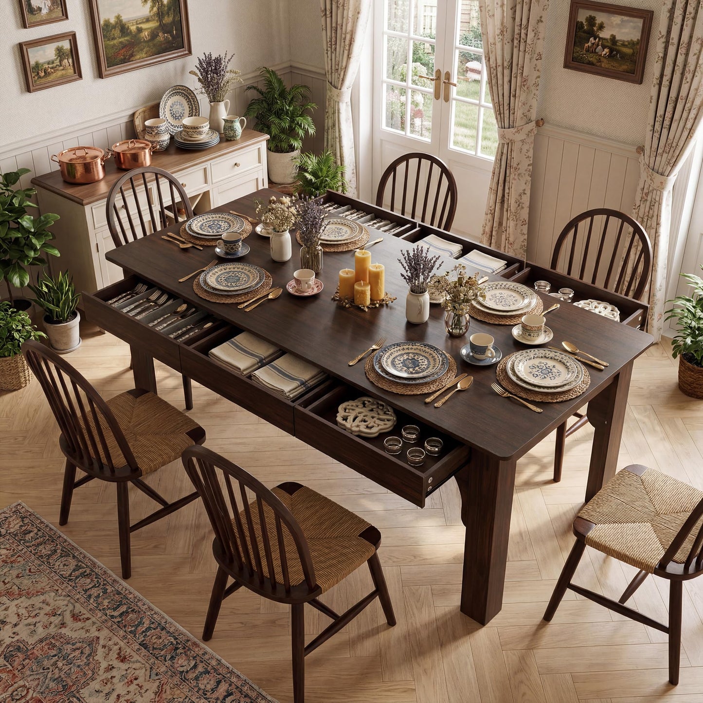 HOMSETTIE Farmhouse Dining Table for 6-8 People, 68.9" Rustic Kitchen Table with 6 Drawers, Long Rectangle Dinner Table with Wood Grain for Dining Room, Brown
