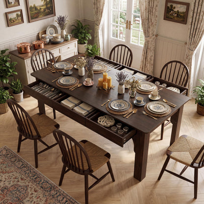 HOMSETTIE Farmhouse Dining Table for 6-8 People, 68.9" Rustic Kitchen Table with 6 Drawers, Long Rectangle Dinner Table with Wood Grain for Dining Room, Brown