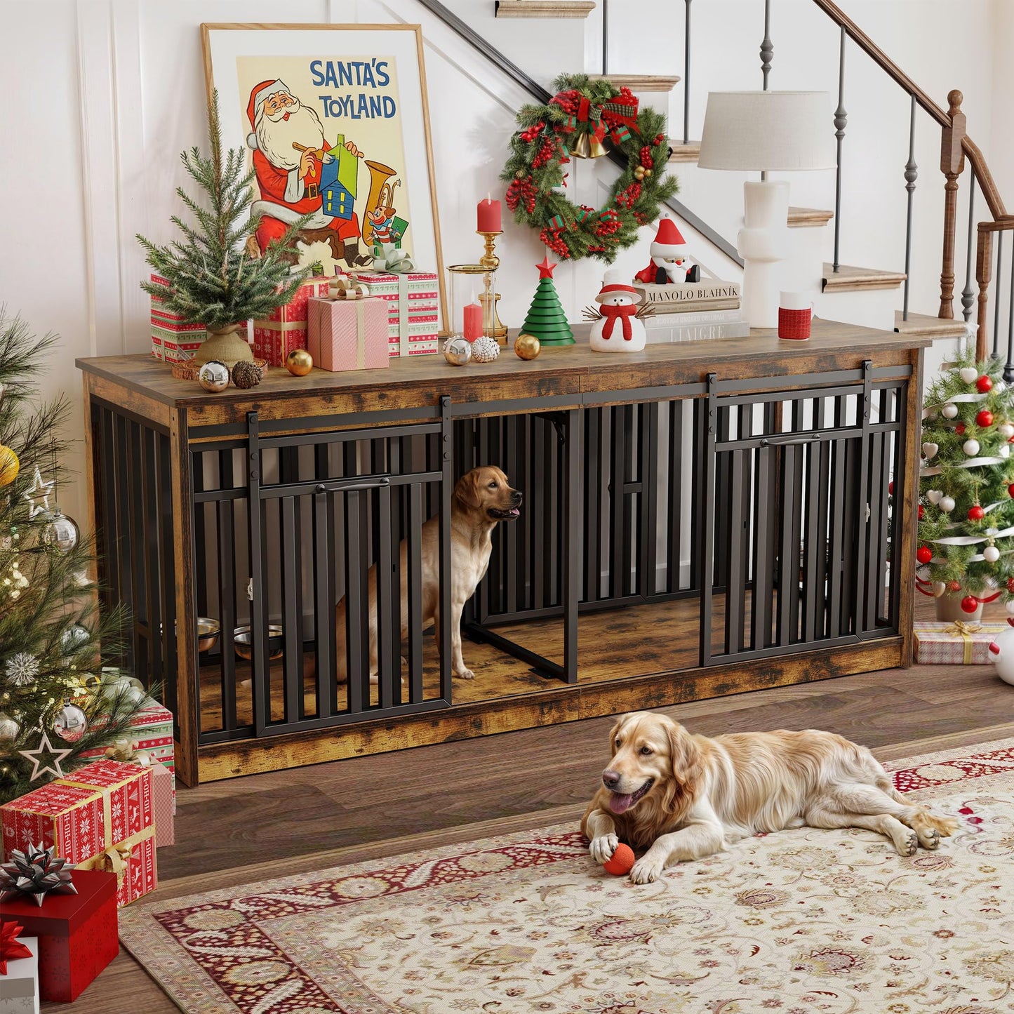 71 Inch Double Dog Crate Furniture for 2 Dogs, Heavy Duty Wooden Dog Crate TV Stand with 4 Dog Bowls, Dog Kennel Indoor Furniture Sliding Barn Door Design for Extra Large Dogs, Rustic Brown