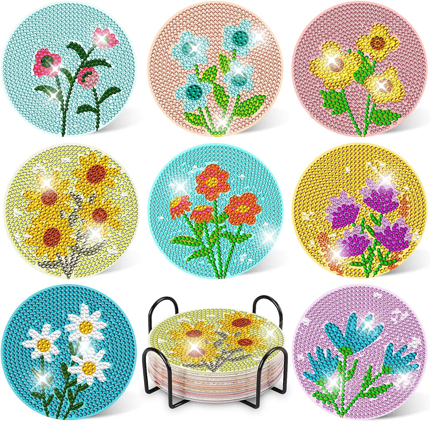 DOTZSO 8 Pcs Diamond Art Coasters Kit with Holder, Diamond Art Kits for Adults Beginners Small Diamond Painting Coasters, Arts and Crafts for Adults Supplies Item Sets (Flower)