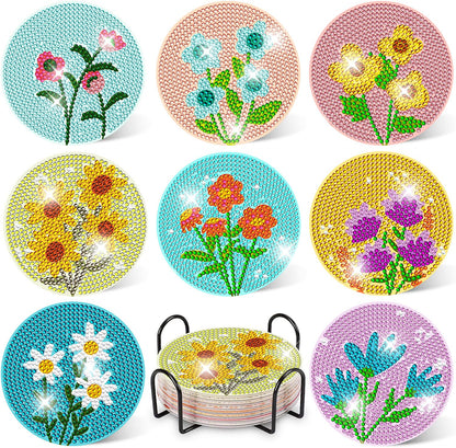 DOTZSO 8 Pcs Diamond Art Coasters Kit with Holder, Diamond Art Kits for Adults Beginners Small Diamond Painting Coasters, Arts and Crafts for Adults Supplies Item Sets (Flower)