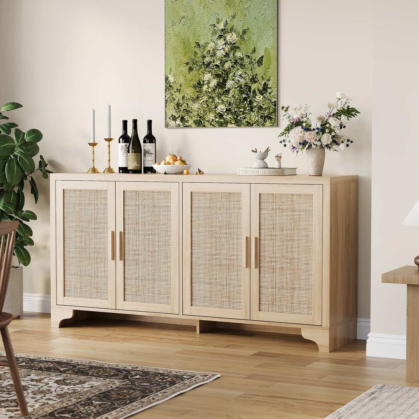 IDEALHOUSE Natural Rattan Sideboard Buffet Cabinet with Storage, Farmhouse Large Rattan Cabinet with 4 Doors, Wood Accent Coffee Bar Buffet Console Tables for Kitchen Living Room Entryway