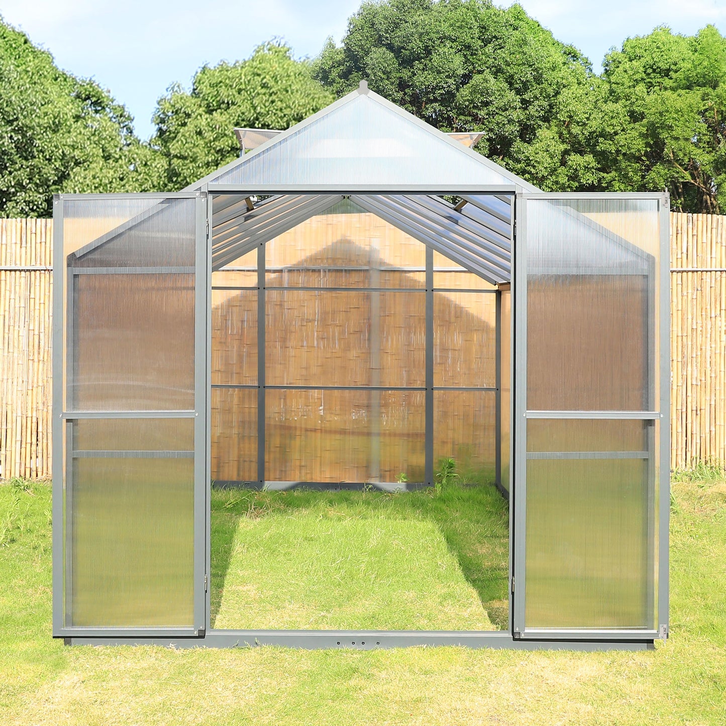 VEIKOU 8 x 14 FT Greenhouse with Aluminum Frame, Greenhouses for Outdoors with 2 Vents, Lockable Doors, Polycarbonate Panels, Walk-in Green House for Winter, Garden, Yard, Hobby, Grey