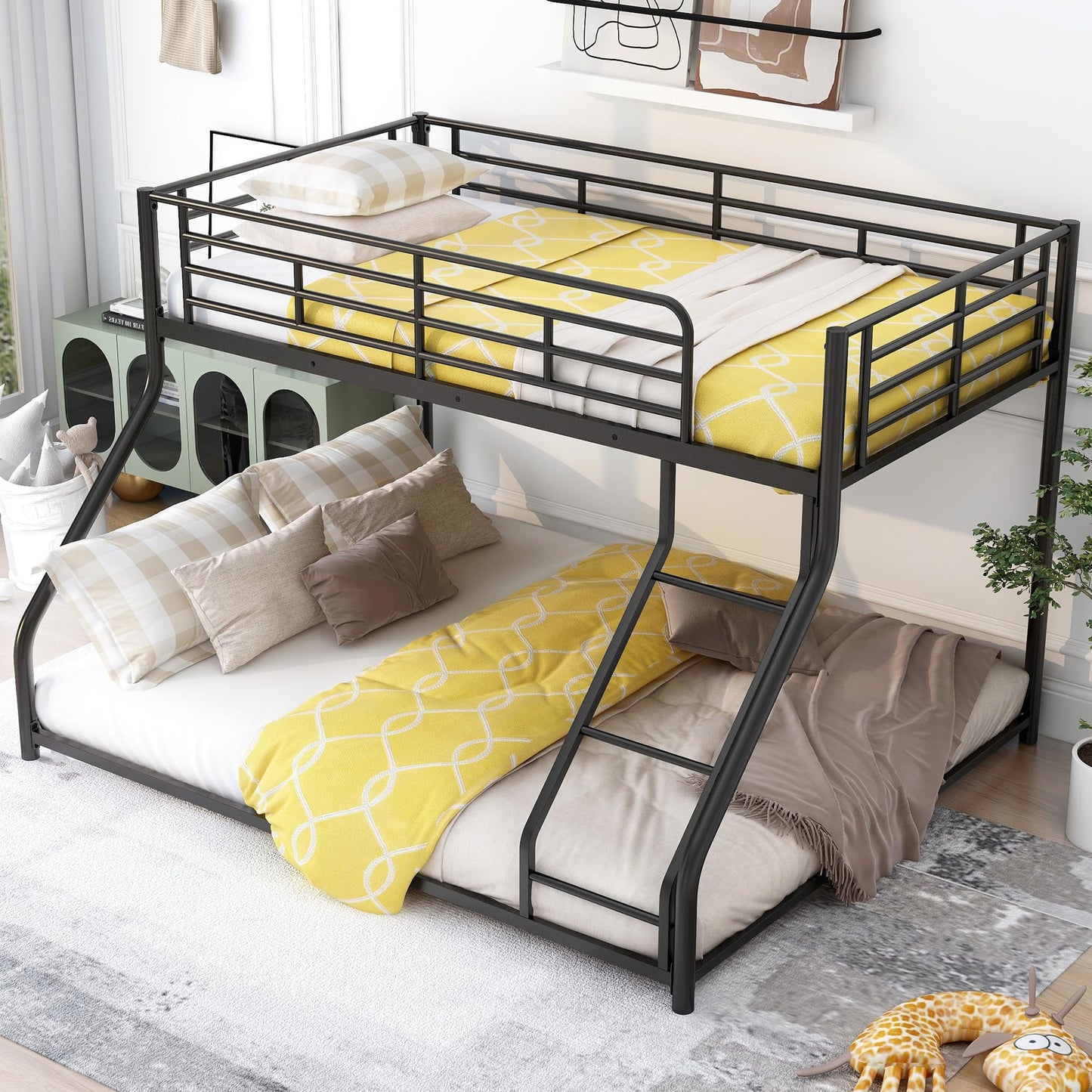 Merax Metal Floor Bunk Bed, Twin XL Over Queen, Black,82.4''L x 62.4''W x 53.7''H