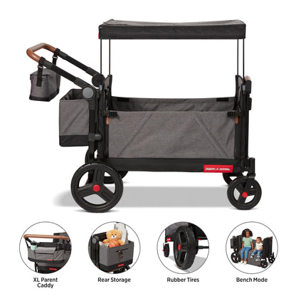 Radio Flyer Atlas Stroll 'N Wagon, Atlas Gray, for Ages 1+, 3-in-1 Push or Pull Versatility, One-Hand Fold, UV Canopy, 5-Point Harnesses, Storage Capabilities, Rubber Wheels, Stroller Wagon for Kids