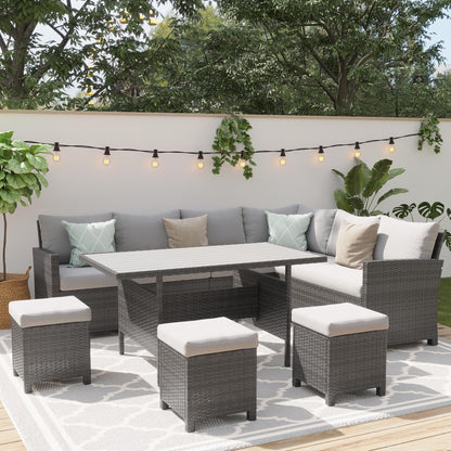 Wisteria Lane 7 Piece Patio Furniture Set, High Curved Back Wicker Patio Sectional, All Weather Outdoor Dining Set, Outdoor Furniture Patio Conversation Set with Ottoman, Ash Gray