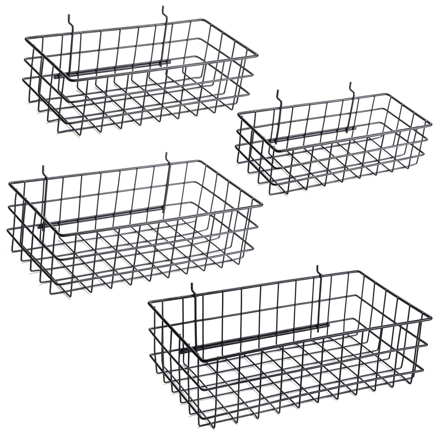 Pegboard Baskets, Set of 4 Black - Hooks to Any Peg Board - Pegboard Accessories, Square Style Wire Shelf Baskets - Organize Tools, Workbench, Garage Storage - Wall Organizer Attachments