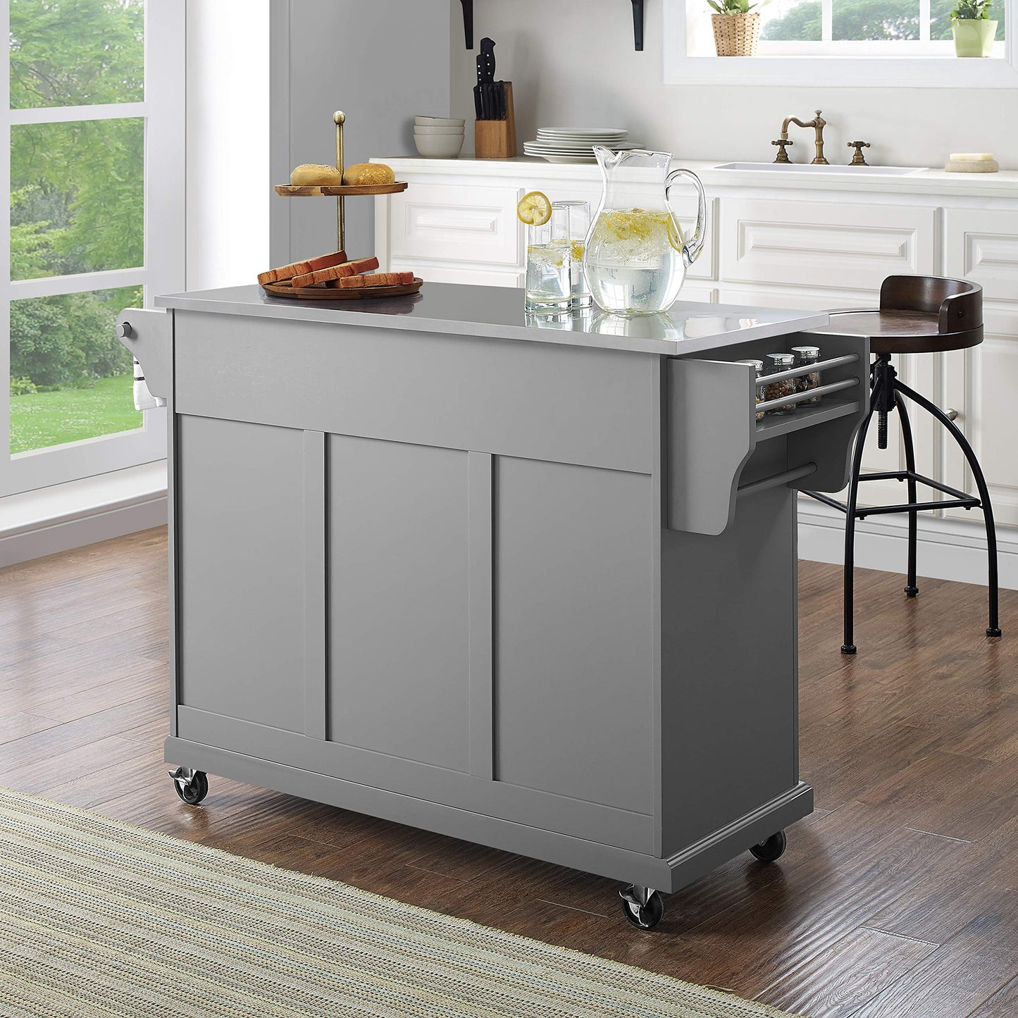 Crosley Furniture Full Size Stainless Steel Rolling Kitchen Island Storage Cart, Microwave Stand, Spice Rack, Gray