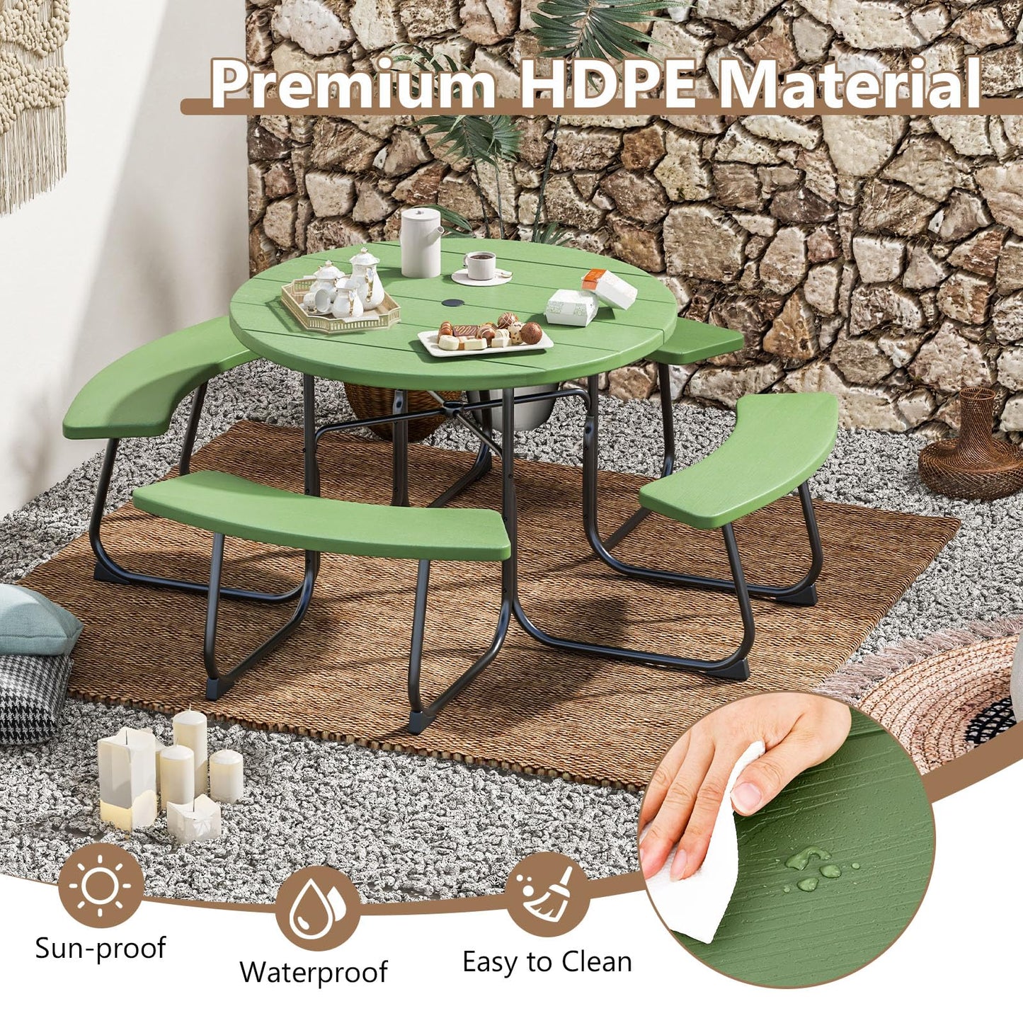 HAPPYGRILL 8-Person Picnic Table Bench Set with Umbrella Hole, 43” Outdoor Dining Table w/4 Benches, Wood-Like Texture Tabletop, Stable U-Shaped Base, Round Table for Backyards, Green