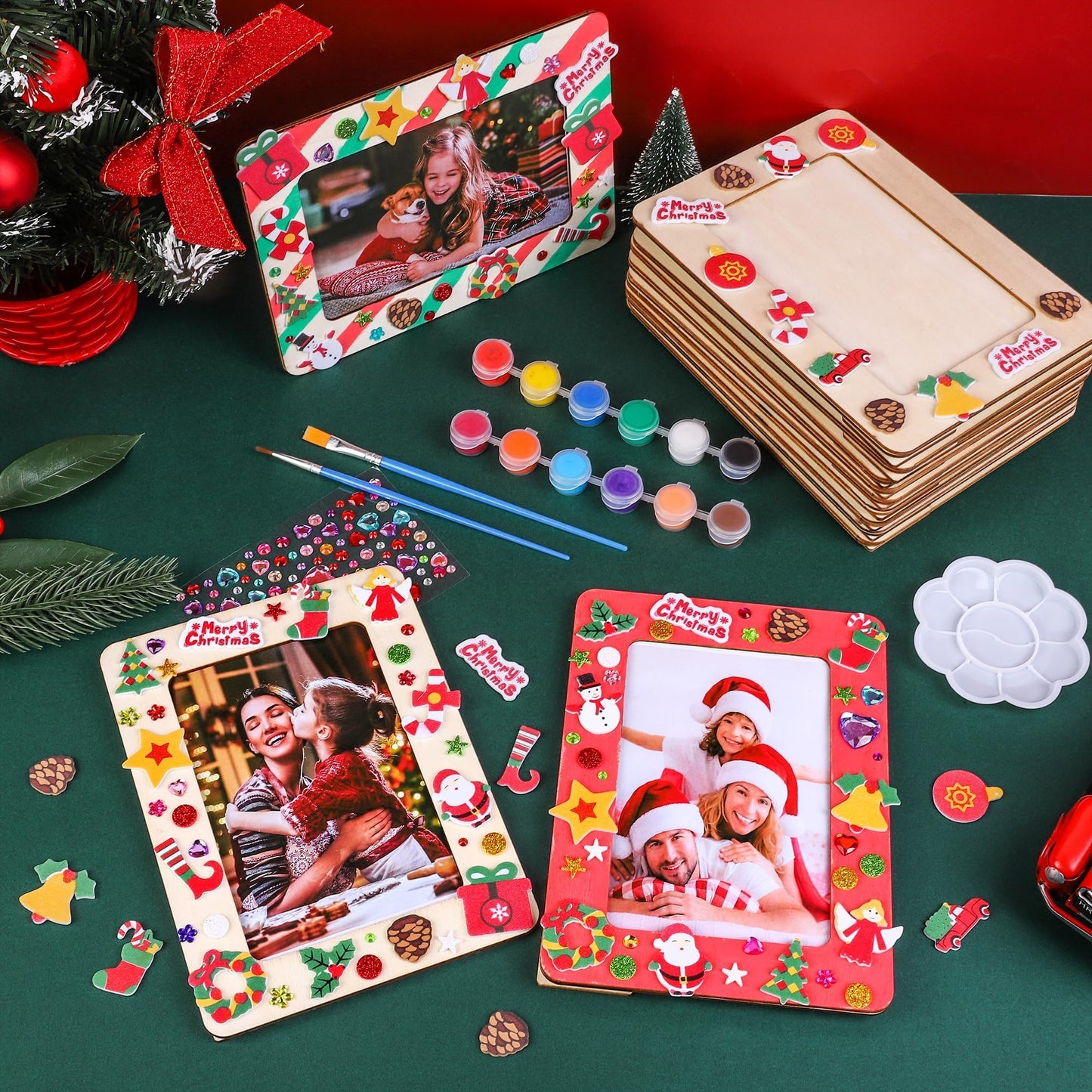 Fovths 12 Packs Christmas Picture Frame Painting Craft Kit Frozen Wooden DIY Photo Frame for 4 x 6 inch Photo with 100 Stickers Rhinestone Stickers 4 Brushes Set for DIY Paint and Decorate