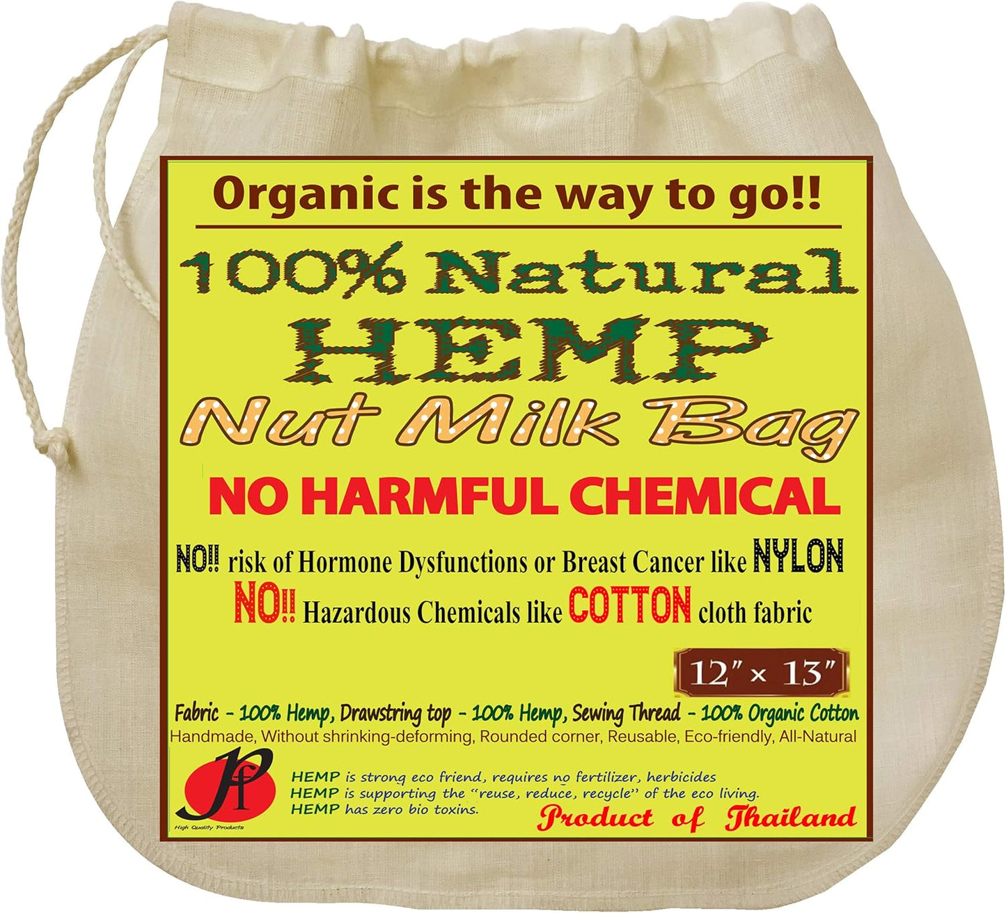 13 12-Inches P&F Hemp Nut Milk Bag Reusable | All Natural | No More Microplastic and Toxic Chemicals | Better Than