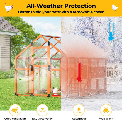 COZIWOW Chicken Coop with Full Waterproof Cover, 9' Extra Large Wooden Chicken House for 10-15 Chickens, 4 Nesting Boxes & Roosting Bars, Outdoor Walk-in Poultry Run, Orange