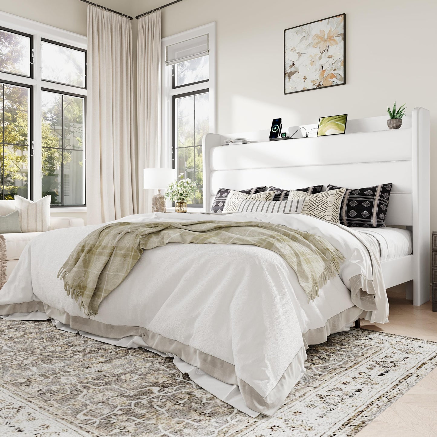 Allewie King Size Upholstered Bed Frame with Charging Station & Storage Headboard, Soft Velvet Wingback Platform Bed, Strong Wooden Slats Support, No Box Spring Needed, Easy Assembly, White
