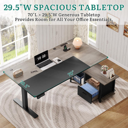 YITAHOME L Shaped Standing Desk with Power Outlets, 70.1" Electric Standing Desk Adjustable Height Sit Stand Corner Standing Desks Executive Desk with Drawers & Shelves, Grey + Black