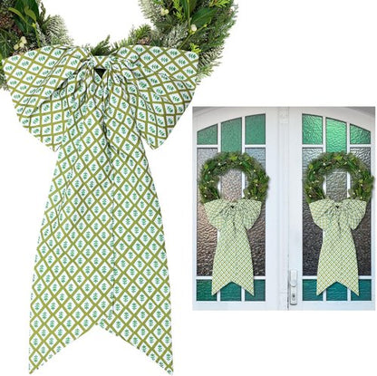 HunnmingRe Christmas Wreath Sash - 2 Pcs Green Block Print Bow | 24 x 16 Inch Holiday Decor