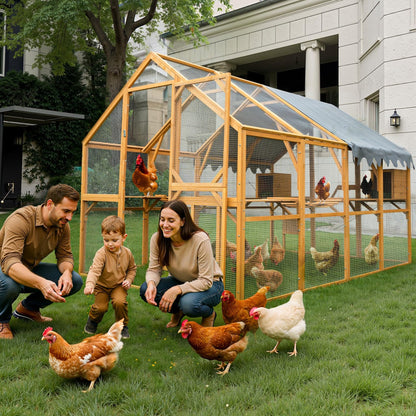 KEIKI 110" L Outdoor Large Chicken Coop with Waterproof Cover, Roosting Platform, Wire Mesh & 2 Lift Small Doors with Locks, Wood Chicken Coop House for Cat Kitten, Duck, Rabbit, Quail Playpen