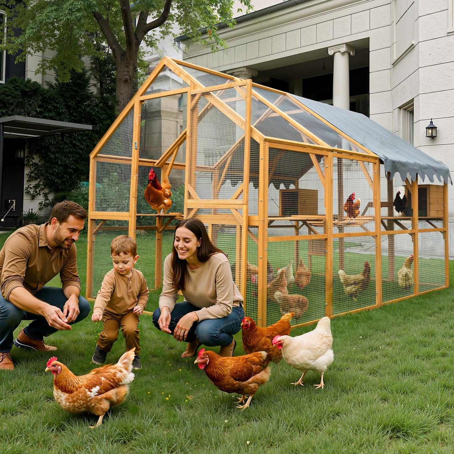 KEIKI 110"L Outdoor Large Chicken Coop with Waterproof Cover, Roosting Platform, Wire Mesh & 2 Lift Small Doors with Locks, Wood Chicken Coop House with Run for Cat Kitten Playpen, Duck, Rabbit, Quail