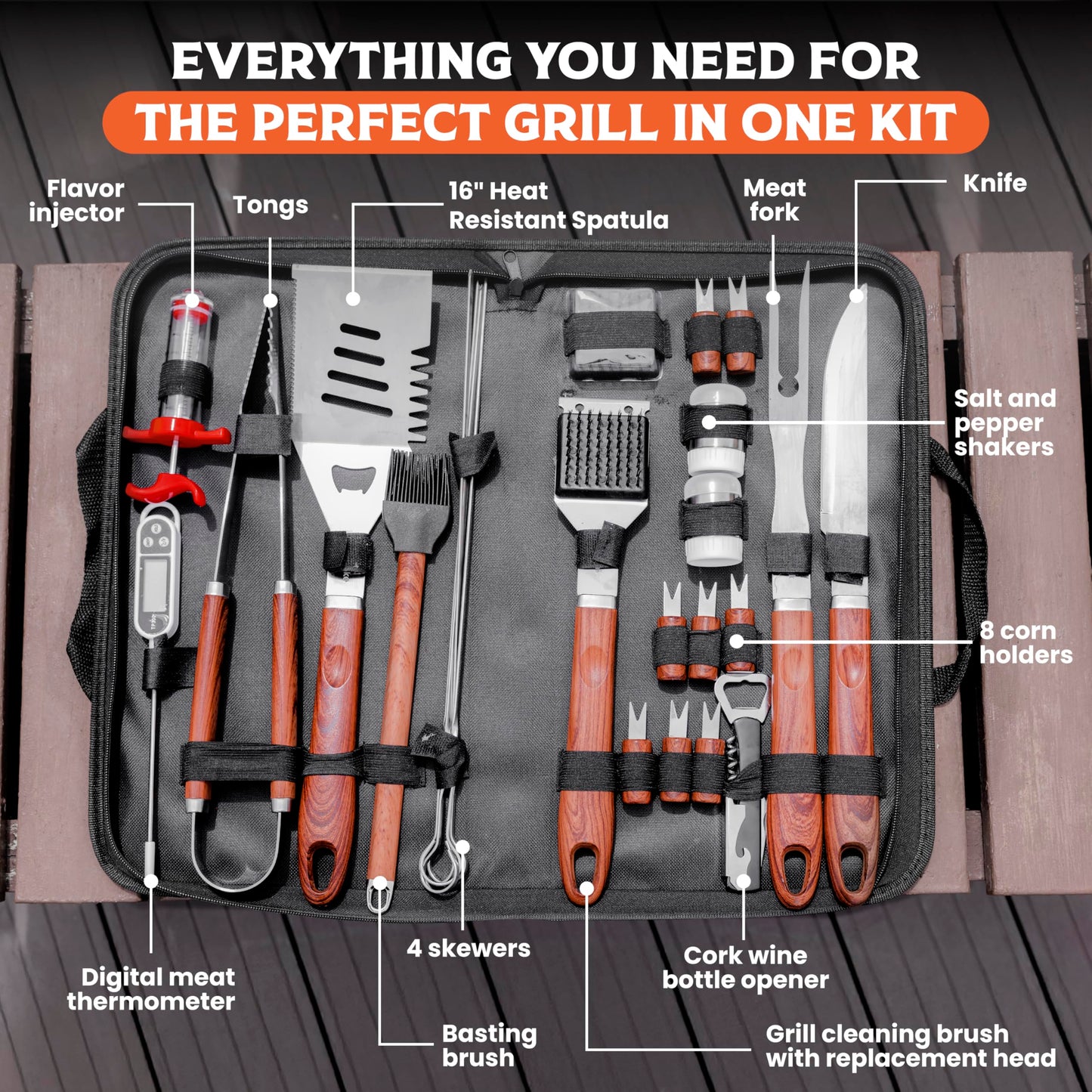 SpartaSake (24-Pack) Premium Stainless Steel BBQ Grilling Accessories with Wood Handles - Barbecue Gill Accessories Set for Blackstone Griddle - Outdoor Camping Grill Set for BBQ for Dad Men Women