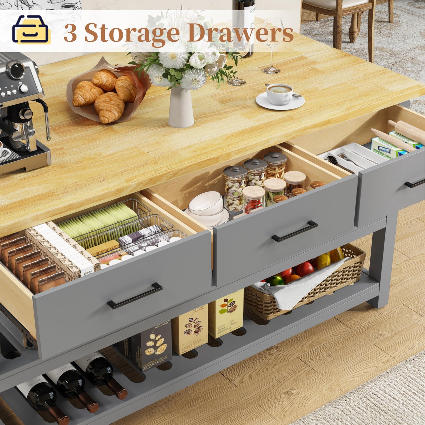 DynJest 60" Solid Rubberwood Kitchen Island with Power Outlets - Extra Large Work Surface, 3 Drawers & 2 Open Shelves Storage Cabinet for Kitchen Dining Room, Farmhouse Style (Grey)