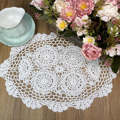 Phantomon Handmade Crochet Cotton Lace Placemats, Pack of 4 Oval Shape Doilies, White, 12 x 17 inch
