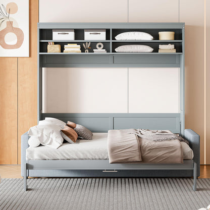 Merax Queen Size Murphy Cabinet Bed with Sofa, Wood Folding Murphy Bed with Open Shelves, Space-Saving Wall Bed for Guest Room and Home Office