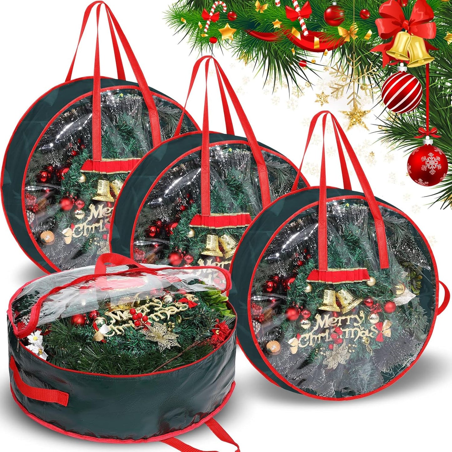 Shappy Christmas Wreath Storage Bag - Clear Window Plaid Container with Handles | 30 x 7 Inch, Green