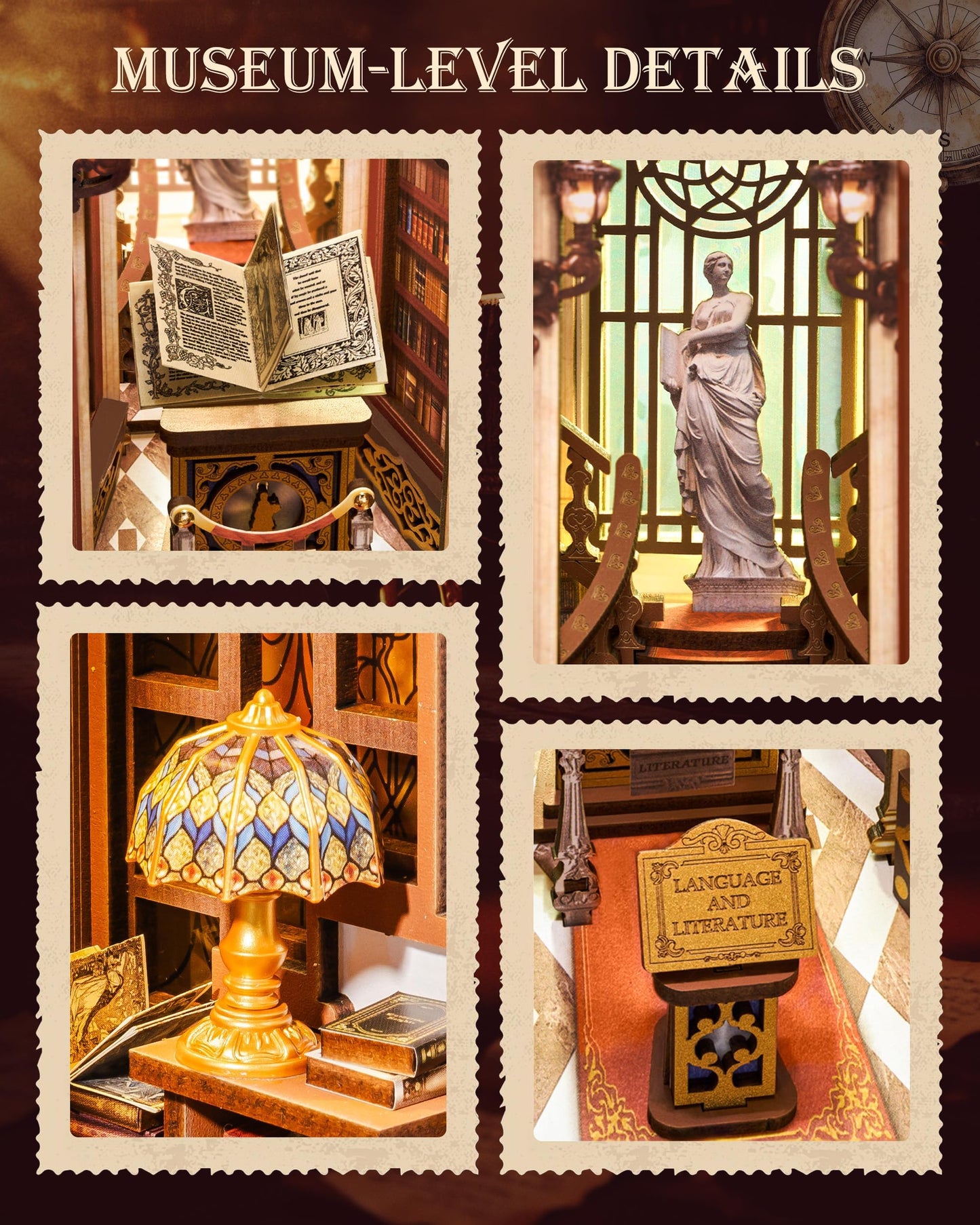 Rolife DIY Book Nook Kit - Library of Wonders 3D Wooden Puzzle | Baroque Miniature House with Grand Chandelier & Touch LED | 10.4" Bookshelf Insert Decor | Creative Gift for Adults (258 Pcs)