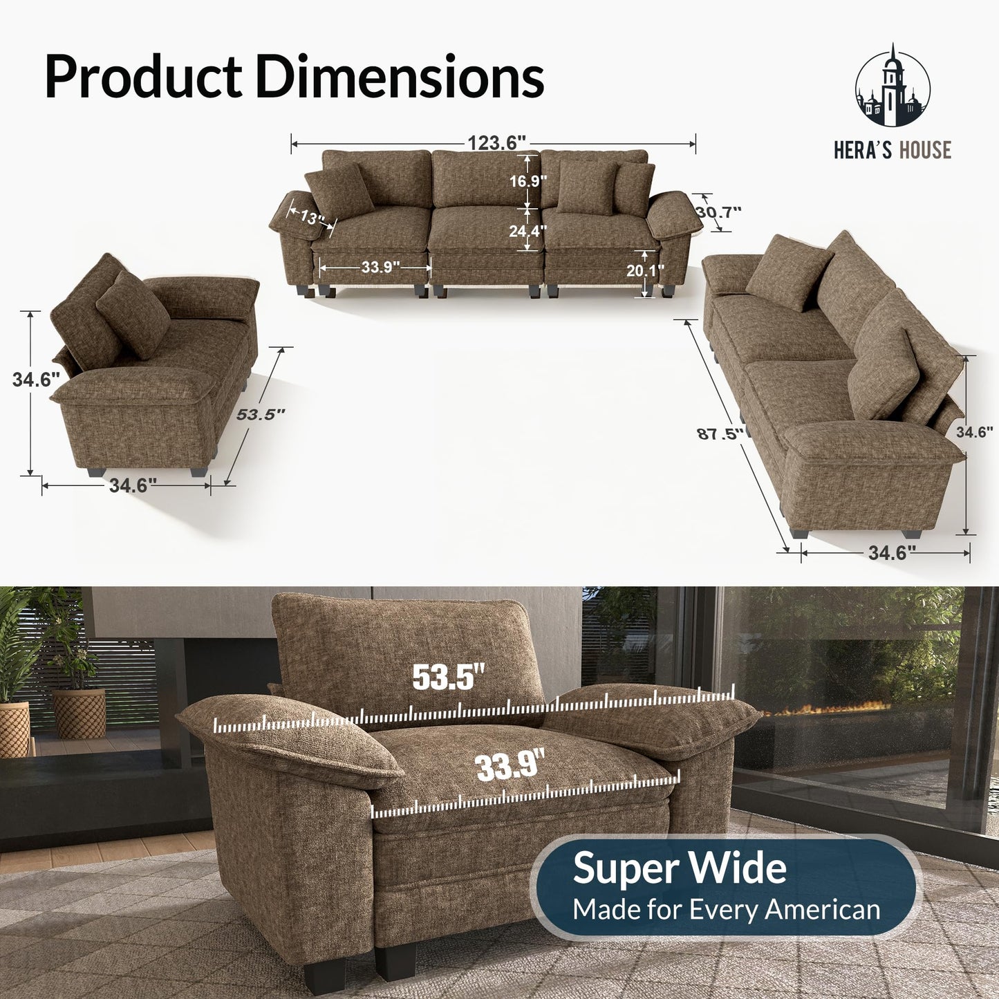 HERA'S HOUSE 158" Modular Sectional Sofa, Oversized U Shaped Couches for Living Room, Comfy Cloud Couch with Ottoman, 6-Seater Deep Seat Sofa with Throw Pillow, Chenille Taupe