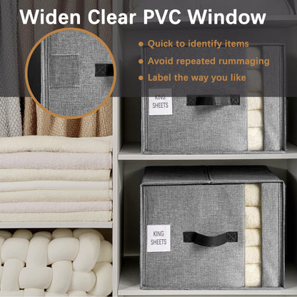 VECELO Bed Sheet Organizers and Storage, 2 IN 1 Foldable Sheet Organizer for Linen Closet with Window and Label, Bedding Storage Box for Blanket Queen and King Sheets Set Comforter Pillow, 2 Pack